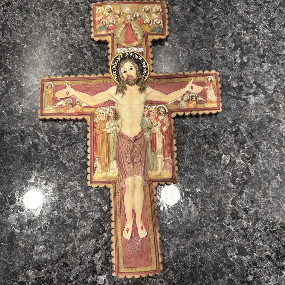 Vintage Artisan Naive Ethnic Jesus On the Cross Crucifix Handmade Hand Painted